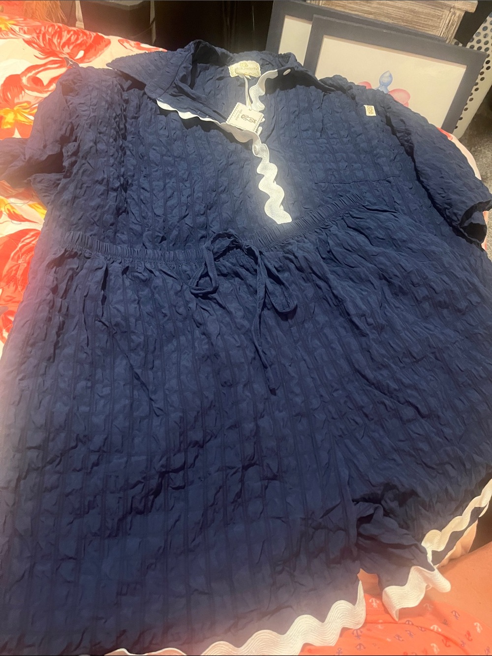 Navy Textured pajamas with White Ric Rac Trim